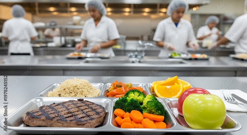 Obraz premium Cafeteria meal tray with grilled steak vegetables rice and fruits in kitchen