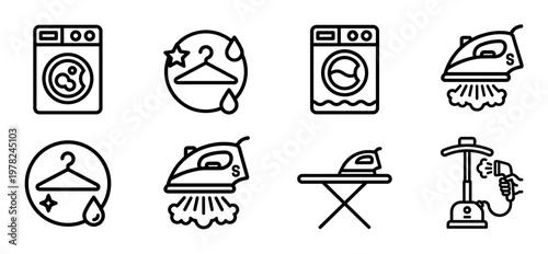 Set of black line art icons representing laundry and dry cleaning services, including a washing machine, iron, steamer, and ironing board in a minimalist vector style