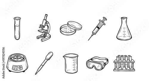 Laboratory equipment and tools collection hand drawn doodle style illustrations for scientific research, medical experiments, and educational purposes.