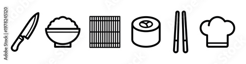 Japanese cuisine cooking tools and ingredients vector icons in a clean outline style, representing essential elements for preparing sushi and other dishes.