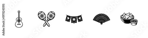 Mexican Fiesta Culture Woodcut Design Elements