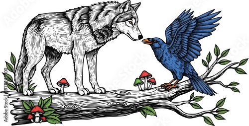A wolf and a mystical bird share a moment of connection in a forest setting vector illustration