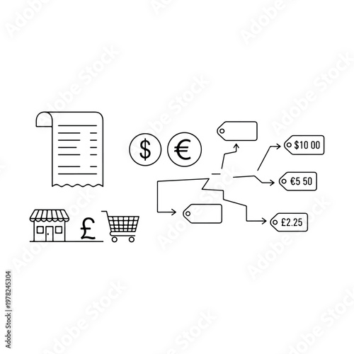 Retail shopping and currency price conversion diagram featuring store icon and shopping cart with varied international currency symbols for e-commerce financial analysis