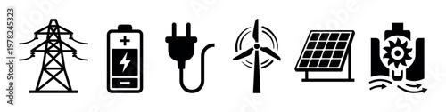 Energy power electricity battery plug turbine panel icons represent different sources and forms of modern power generation and consumption.