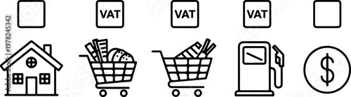 Set of financial icons representing value added tax and consumer spending including shopping cart gas station and housing symbols as simple black line art on white background