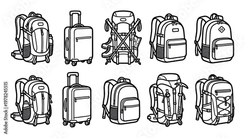 Collection of black and white travel bags, including backpacks, suitcases, and hiking rucksacks, presented as a line art icon set for tourism, adventure, and trekking concepts