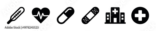 Medical healthcare icons set featuring essential health symbols like a thermometer, heartbeat, pill, bandage, hospital, and cross for various health-related designs.