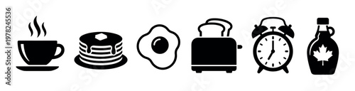 Breakfast food and morning routine icons set illustrating common elements such as a steaming cup, pancakes, fried egg, toaster, alarm clock, and maple syrup.