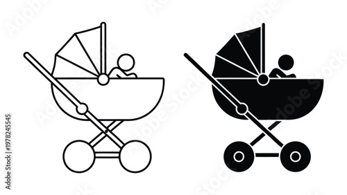 Vector illustration of baby stroller icons in black and white