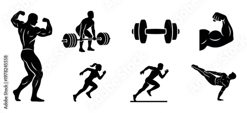 Fitness and exercise related silhouettes depict various athletic activities and equipment, symbolizing strength, speed, and healthy lifestyle choices.
