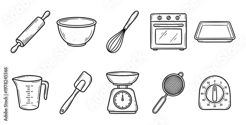 Collection of hand drawn baking equipment icons including a rolling pin, mixing bowl, whisk, oven, and kitchen timer in a simple black and white line art doodle style