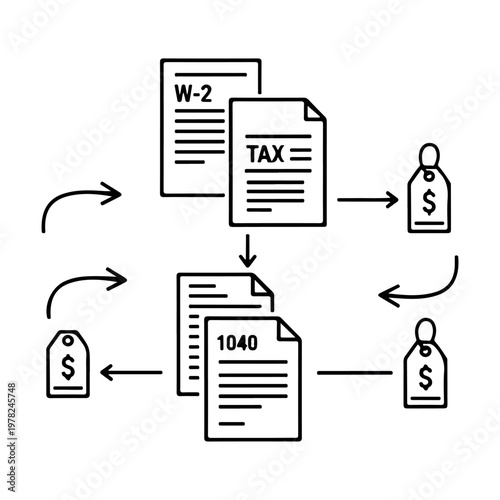 Tax filing workflow with w-2 forms and 1040 documents showing financial tags and processing steps for professional accounting and tax preparation vector illustration