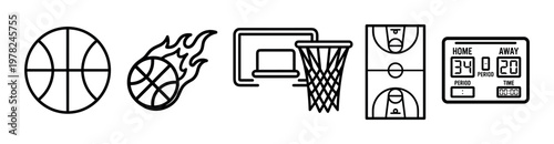 Basketball game sport icons set featuring various elements like a ball, flaming ball, hoop, court, and scoreboard in a clean outline style.