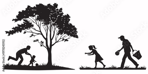 Silhouette illustration of a family engaging in outdoor recreational activities near a large tree with family time silhouette recreation activity daughter lifestyle childhood