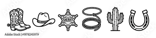 Six distinct black outline Western themed icons are displayed horizontally, featuring classic elements: boots, a hat, a sheriff badge, a lasso, a cactus, and a horseshoe