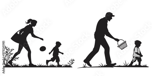 Black silhouette icons of parents and children walking and playing in the park with family time silhouette children activity lifestyle childhood togetherness vacation recreation