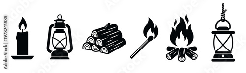 Set of black camping icons showing a candle, lantern, firewood, burning match, and campfire for outdoor adventure and survival themes in a simple vector silhouette style