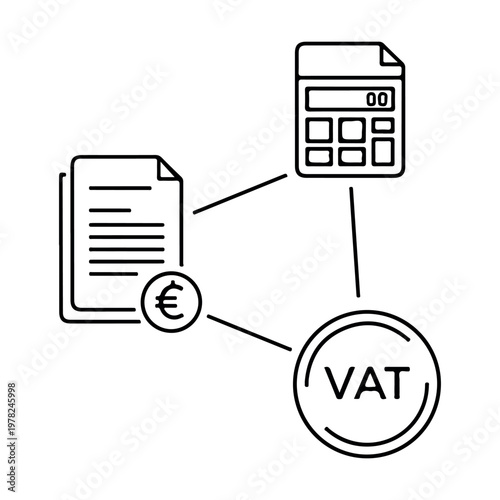 VAT calculation with euro symbol document and calculator icons in a financial network