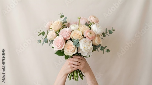 Flower Bouquet Held by Hands on Clean Background, Wedding and Gift Concept