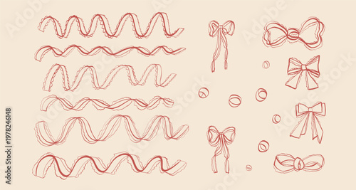Whimsical lace ribbons, bows set. Menu text dividers, frame underline elements set. Party coquette girly bow emphasis invitation border lines. Vector hand drawn red band event text separators shapes.