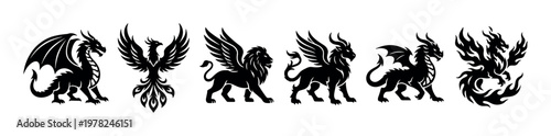 Set of black mythical creature silhouettes including a dragon, phoenix, winged lion, and griffin in a graphic tattoo style for heraldic emblems or fantasy concepts
