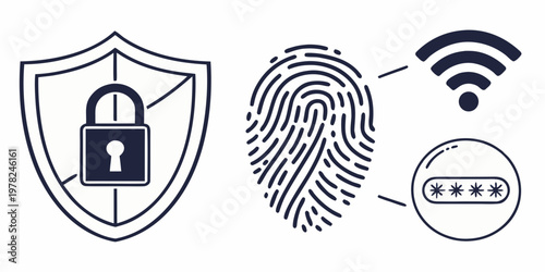 Digital security concept icon set featuring fingerprint wi-fi and password protection shield security fingerprint password protection biometric encryption technology identity