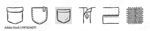 Sewing garment fabric construction details are illustrated in a hand-drawn doodle style, showcasing various pockets, seams, and textile textures for design and craft projects.