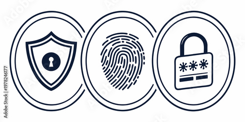 Authentication methods concept set showing shield fingerprint and password input icons with security authentication fingerprint password protection biometric encryption identity