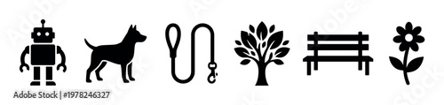 Various black silhouette icons representing common objects and nature elements arranged horizontally, perfect for web design, apps, or educational materials.