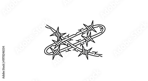 Illustration of barbed wire with sharp pointed edges in black and white.