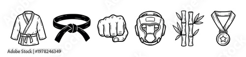Collection of martial arts related icons including a uniform, black belt, fist, headguard, bamboo, and medal, rendered in a clean black and white line art style