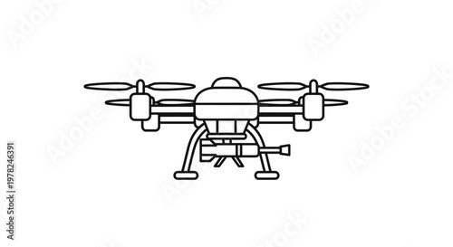 Black line art illustration of a delivery drone with six rotors and a cargo box.