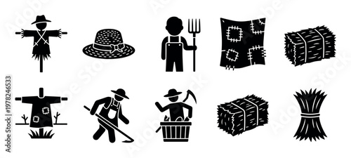 Farming and agriculture related icons depicting various elements of rural life and harvest season activities in a simple graphic style.