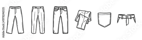 Pants and trousers clothing apparel fashion items doodle style vector illustration set featuring different types of casual and formal legwear designs.