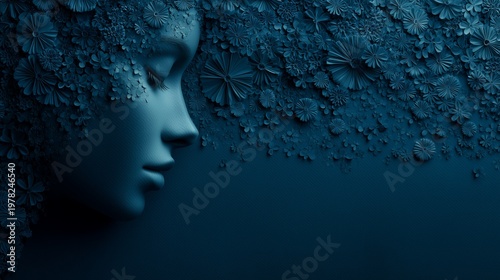 A lady face adorned with vibrant, colorful flowers roses, lilies, and more creates a surreal, artistic portrait.  The artistic contrast evokes timelessness and natural beauty.