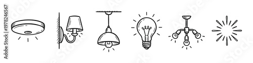 Various lighting fixtures and glowing light bulbs doodle illustration set, depicting different types of lamps and illumination sources in a hand-drawn style.