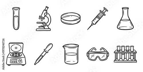 Laboratory equipment and tools doodle collection featuring essential scientific instruments used in research, experiments, and medical fields.