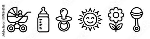Six black outline icons depicting various baby items and cheerful symbols, including a stroller, bottle, pacifier, smiling sun, flower, and rattle, presented