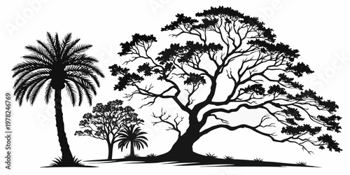 Silhouette illustration of tropical trees and palm tree against white background with silhouette tropical botanical landscape isolated vacation environment minimalist stylized