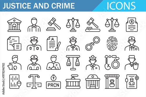 Justice System and Crime Investigation Icons Thin Line Symbol Set