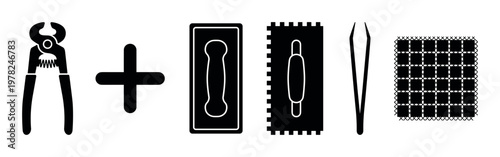Collection of black tiling and mosaic tools including nippers, a trowel, tweezers, and mesh, presented as a flat graphic illustration for construction or renovation concepts