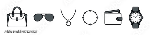Six minimalist fashion accessory icons are neatly arranged, displaying a handbag, sunglasses, necklace, bracelet, wallet, and wristwatch in a clean, modern vector style