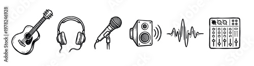 Hand drawn music production icon set featuring a guitar, headphones, microphone, speaker, waveform, and audio mixer in a black and white doodle style illustration