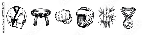 Set of hand-drawn martial arts icons featuring a gi uniform, black belt, fist, protective headgear, bamboo, and a first place medal in a black and white sketch style
