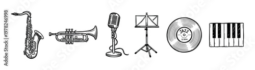 Various hand-drawn jazz musical instruments and accessories are depicted in a classic sketch style, featuring a saxophone, trumpet, vintage microphone, music stand, vinyl record, and piano keyboard