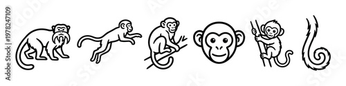 Six black and white monkey icon illustrations showing various playful poses, including a tamarin, a jumping primate, and a smiling face in a minimalist graphic style