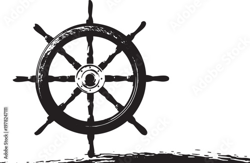 Black ship steering wheel with textured rim and spokes on white background ship wheel nautical maritime