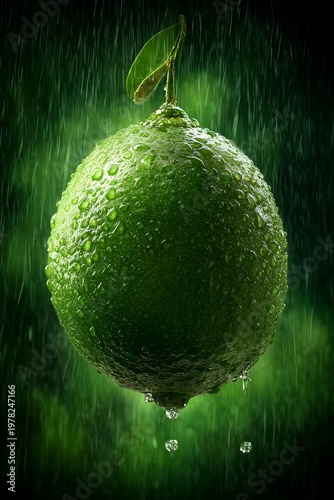 A single green lime covered in water droplets hangs suspended against dark green backdrop as rain falls around it. A small leaf remains attached to its stem, emphasizing freshness, natural vitality