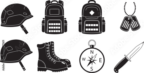 Black silhouette military gear and survival equipment backpack