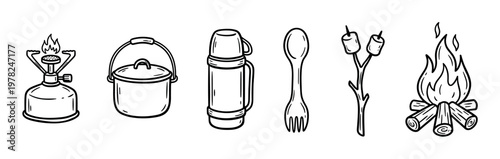 Six distinct black and white line art camping icons are neatly arranged, depicting essential outdoor gear and activities with a clear, graphic style